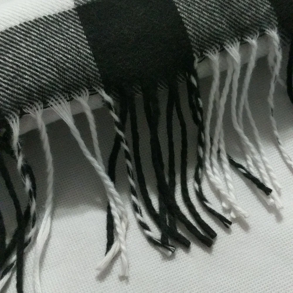 Black, White, Grey Check Plaid Woven Soft Scarf with Fringe